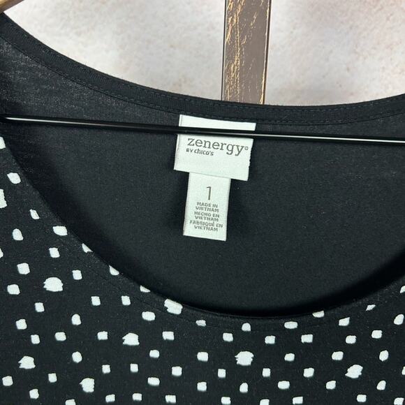 CHICO'S Zenergy black white dot print top size 1 M colorblock statement shirt - Picture 3 of 4